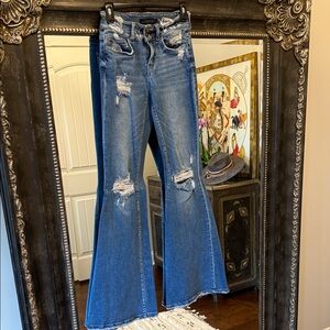 Flying Monkey Mid Rise Distressed Super Flare Jeans